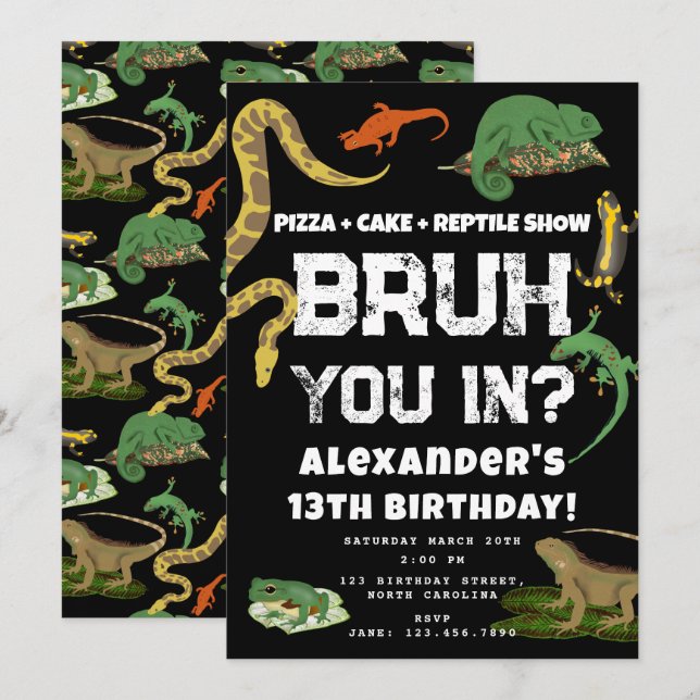 Invitación Bruh Boy's Birthday Party Teenager Reptile Show (Anverso / Reverso)