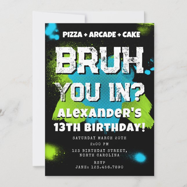 Invitación Bruh Boy's Birthday Party Teenager Teen Boy Neon (Anverso)