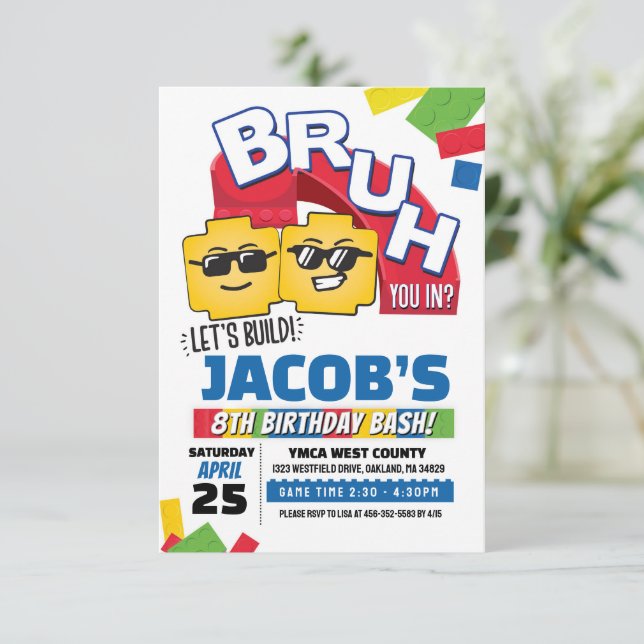 Invitación Bruh Building Block Birthday Invitation (Anverso de pie)