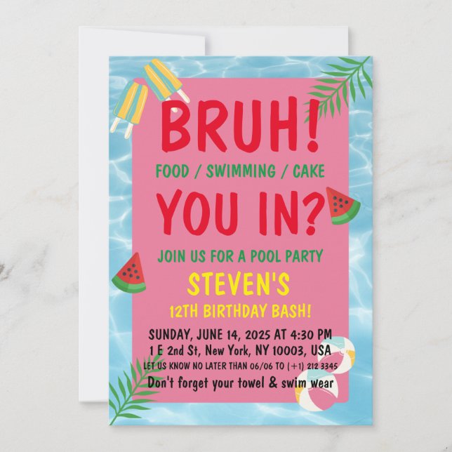 Invitación bruh cumpleaños Pool bash (Anverso)