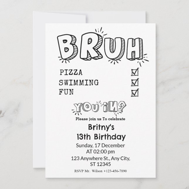 Invitación Bruh, estás invitado a la fiesta de cumpleaños bla (Anverso)