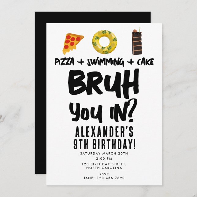 Invitación Bruh, ¿Estás? Pizza de cumpleaños para adolescente (Anverso / Reverso)