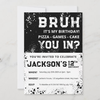 Invitación BRUH Grunge Paint Splatter Boy Birthday Invitation