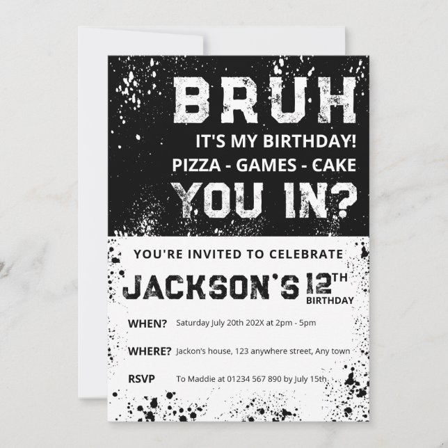 Invitación BRUH Grunge Paint Splatter Boy Birthday Invitation (Anverso)