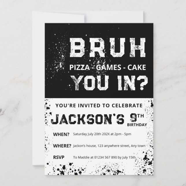 Invitación BRUH Grunge Paint Splatter Boy Birthday Invitation (Anverso)