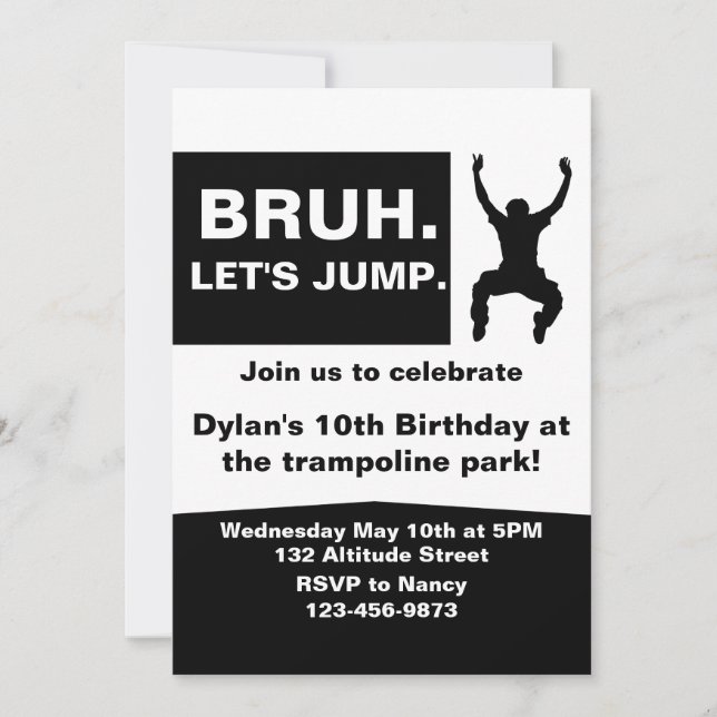 Invitación Bruh Let's Jump, Trampoline Party Invitation, DIY, (Anverso)