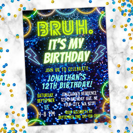 Invitación Bruh Neon Glow Blue Green Funny Boy Cumpleaños