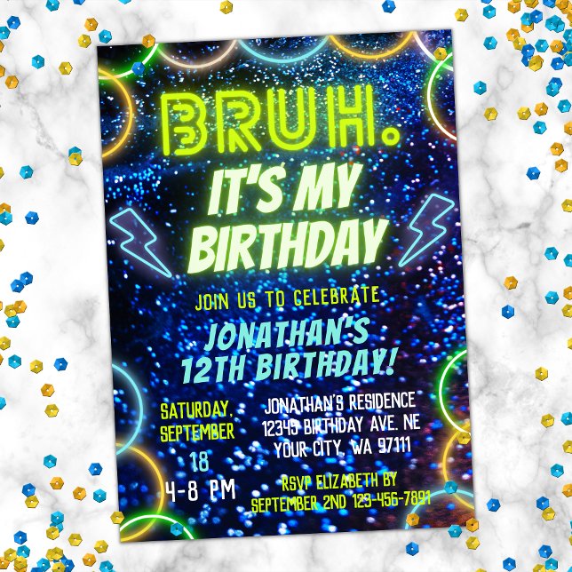Invitación Bruh Neon Glow Blue Green Funny Boy Cumpleaños (Subido por el creador)