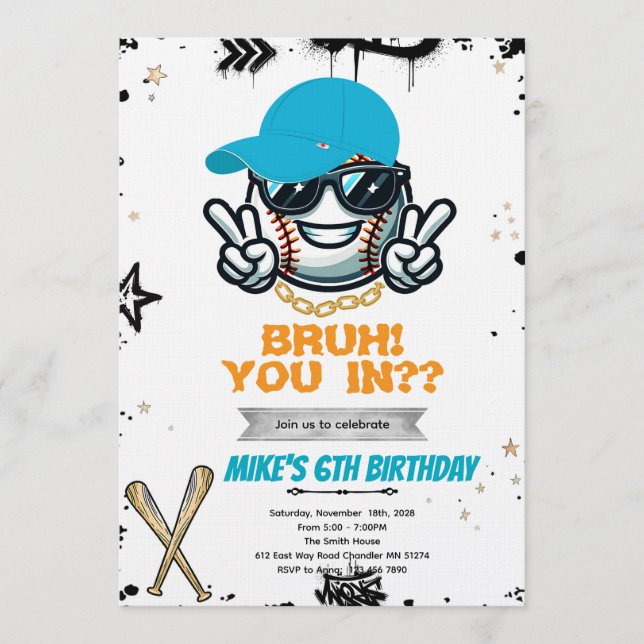 Invitación Bruh Teen baseball Party Invitation (Anverso)