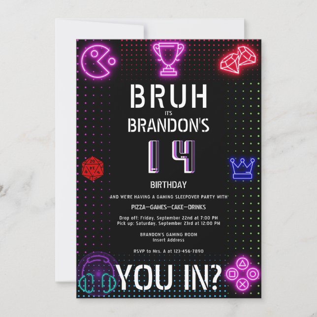 Invitación BRUH YOU IN Adolescente Boy Birthday Video Game Sl (Anverso)