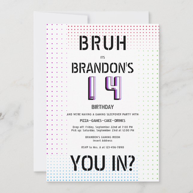 Invitación BRUH YOU IN Adolescente Boy Birthday Video Game Sl (Anverso)