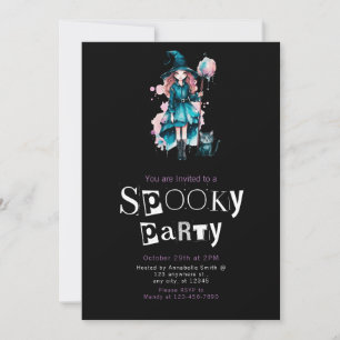 Invitación Bruja Adorable con Sombrero de Bruja Verde Azul Ga