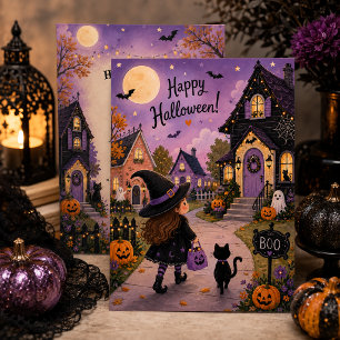 Invitación Bruja Adorable & Fiesta de Halloween del Gato Negr