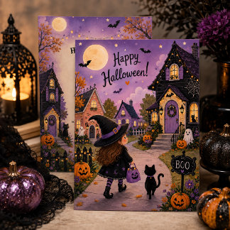 Invitación Bruja Adorable & Fiesta de Halloween del Gato Negr