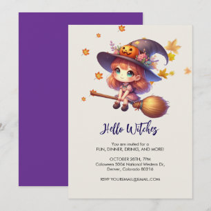 Invitación Bruja adorable volando con escoba, Halloween