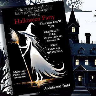 Invitación Bruja blanca con fiesta de halloween con broomstic