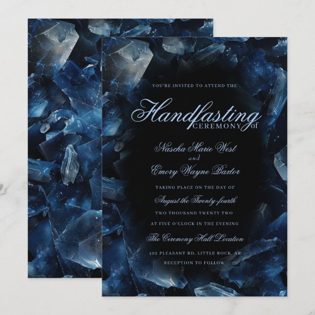 Invitación Bruja Boho Azul Oscuro Cristales Negros Handfastin (Anverso / Reverso)