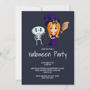 Invitación Bruja Bonita de Morado con Gato Negro y Escoba