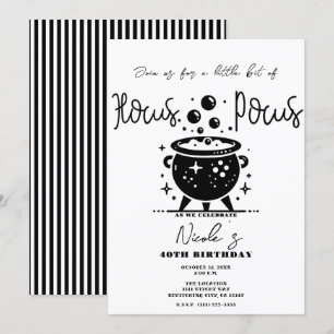 Invitación Bruja Caldero Negro y Blanco Cumpleaños de Hallowe