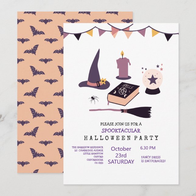 Invitación Bruja caprichosa de color rosa melocotón (Anverso / Reverso)