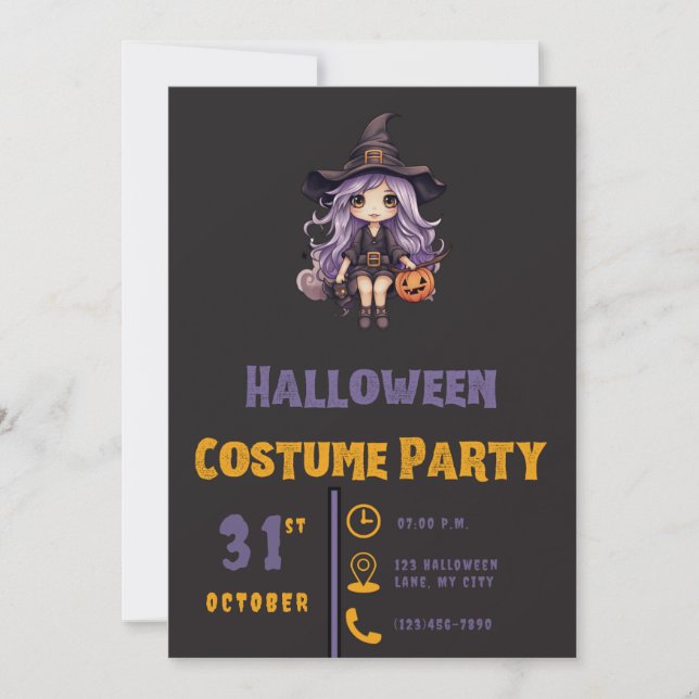 Invitación Bruja con Jack-O' Lantern negro de Halloween (Anverso)