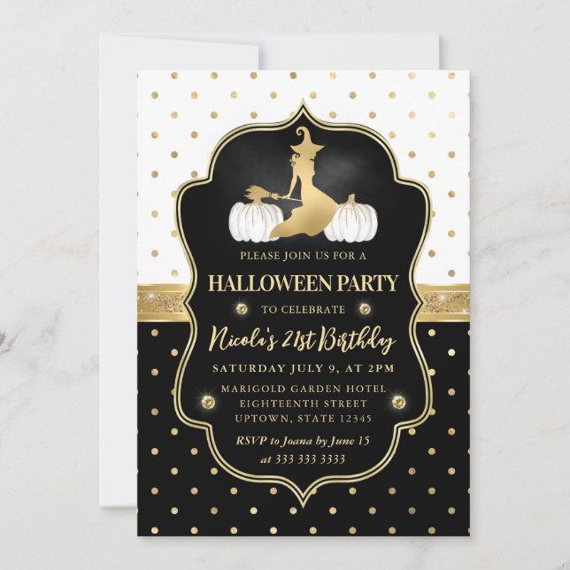 Invitación Bruja con lunares en blanco y negro cumpleaños 21 (Anverso)