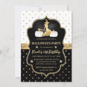 Invitación Bruja con lunares en blanco y negro cumpleaños 21