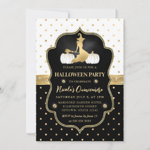 Invitación Bruja con puntos de polka blanco y negro Quinceane