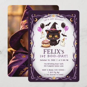 Invitación Bruja de gato negro lindo y espeluznante Cumpleaño