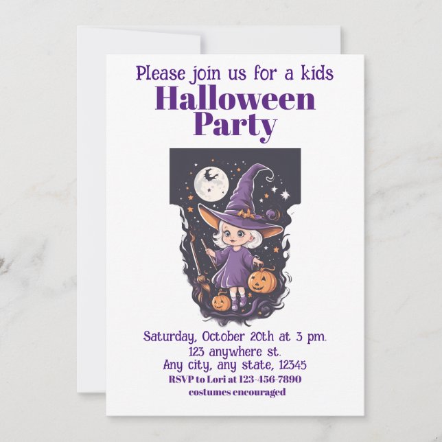 Invitación Bruja de Halloween 4 niños, hechicera encantadora (Anverso)