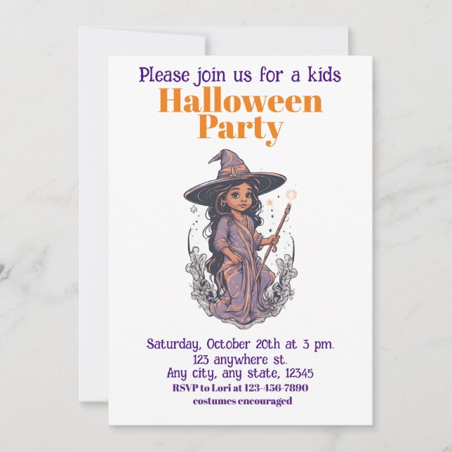 Invitación bruja de Halloween 7 niños, hechicera encantadora (Anverso)