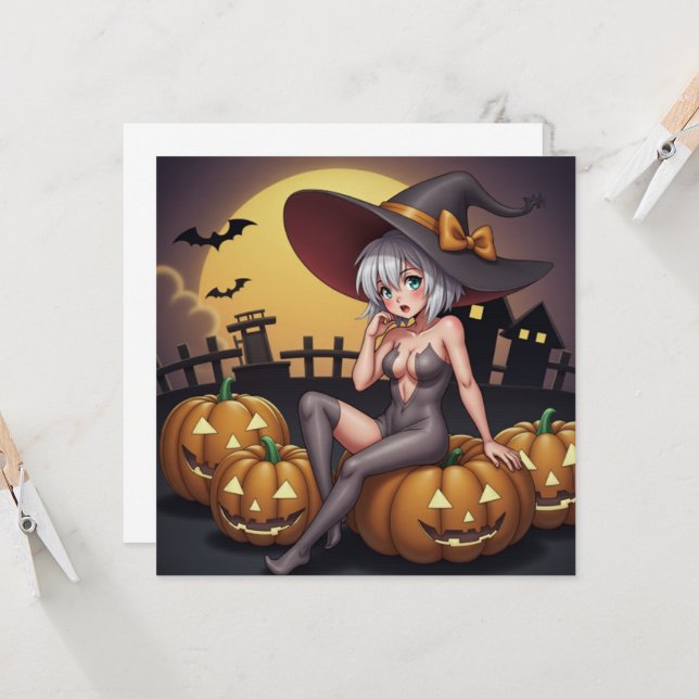 Invitación Bruja de Halloween con Ojo Verde en Jack-O-Lantern (Anverso/Reverso In Situ)