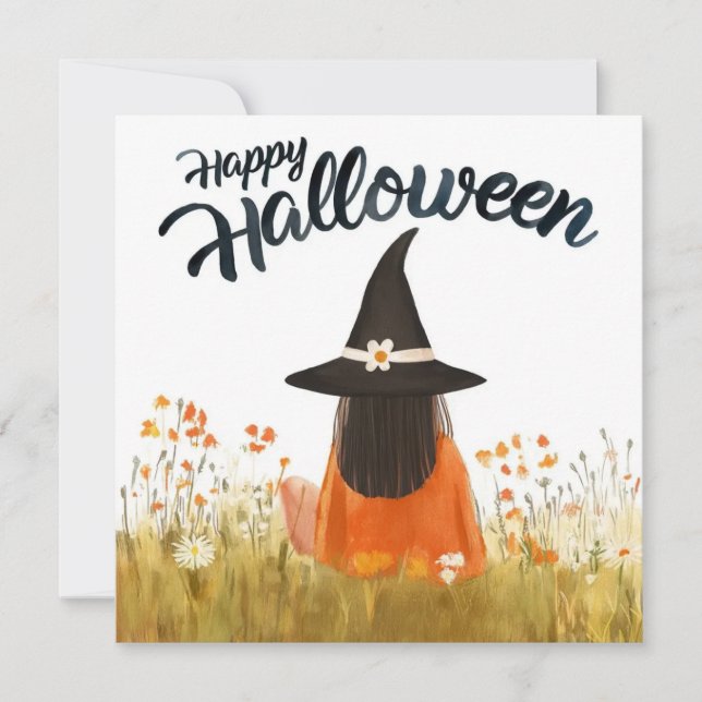 Invitación Bruja de Halloween en Campo de Flores (Anverso)