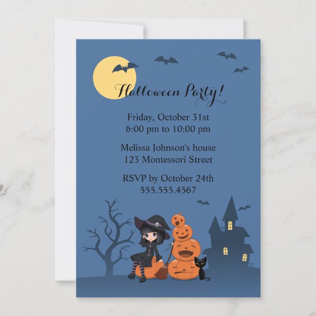 Invitación Bruja de Halloween, gato negro y Fiesta de calabaz (Anverso)