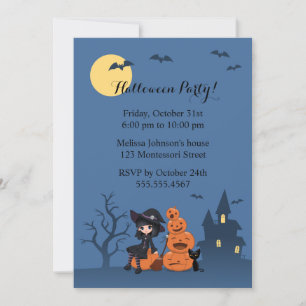Invitación Bruja de Halloween, gato negro y Fiesta de calabaz