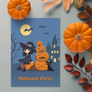 Invitación Bruja de Halloween, gato negro y Fiesta de calabaz