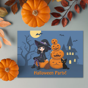 Invitación Bruja de Halloween, gato negro y Fiesta de calabaz