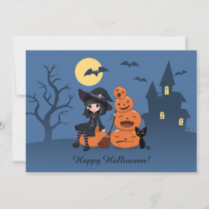 Invitación Bruja de Halloween, gato negro y Fiesta de calabaz