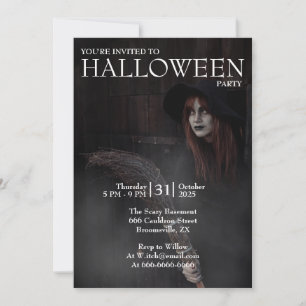 Invitación Bruja de Halloween Moderno Gótico Escoba Granero O