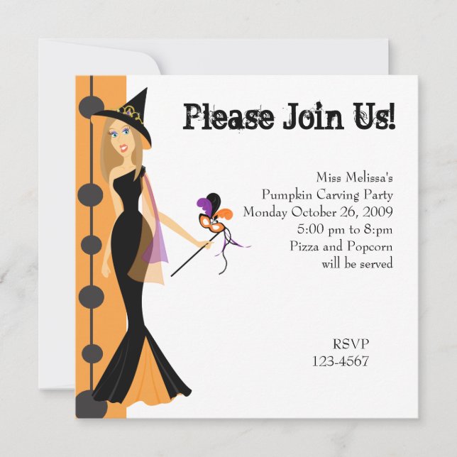 Invitación Bruja de mascarada (Anverso)