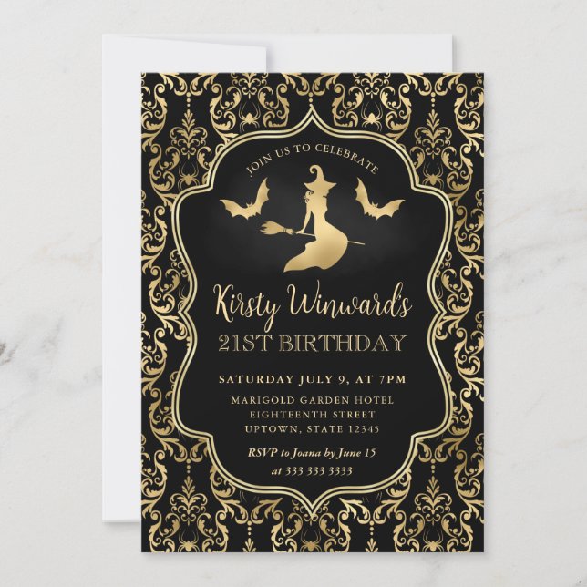 Invitación Bruja de Oro Negro y Arañas Damask 21 Cumpleaños (Anverso)