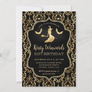 Invitación Bruja de Oro Negro y Arañas Damask 21 Cumpleaños