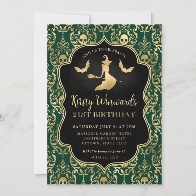 Invitación Bruja de oro verde y calaveras Damask Cumpleaños 2 (Anverso)