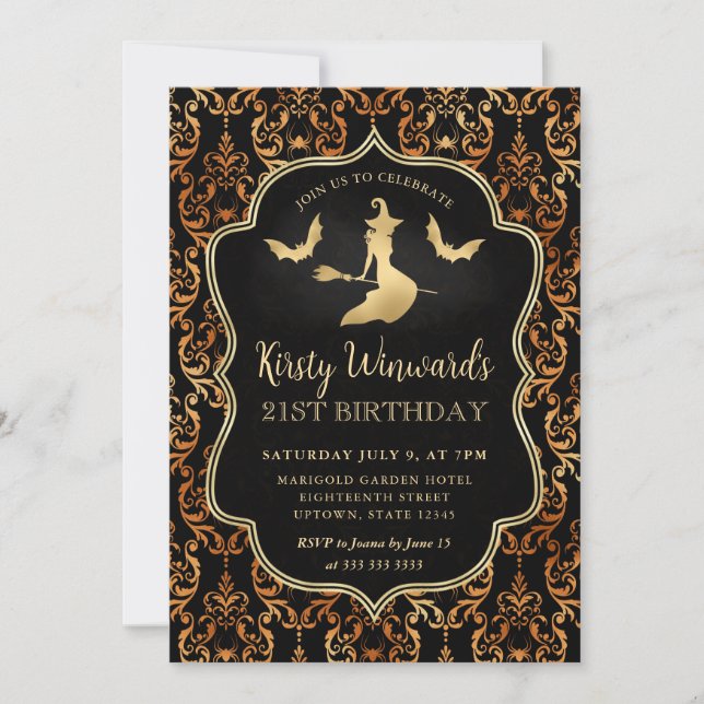 Invitación Bruja de oro y damasco de arañas cumpleaños 21 (Anverso)
