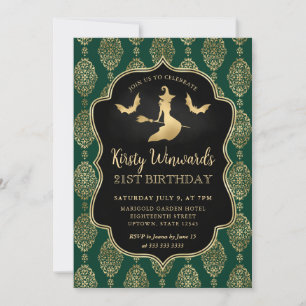 Invitación Bruja de oro y patrón de damasco cumpleaños 21