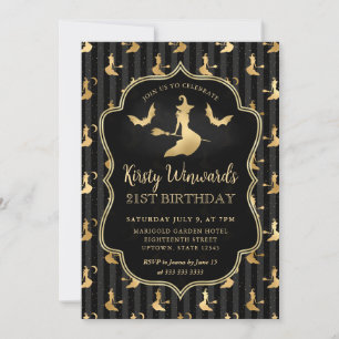 Invitación Bruja de oro y patrón de rayas cumpleaños 21