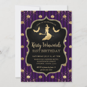 Invitación Bruja de oro y rayas de calabaza Cumpleaños 21