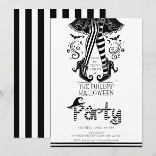 Invitación Bruja de piernas negras y blancas Fiesta de Hallow