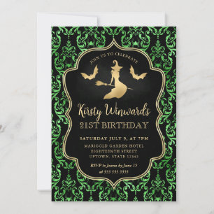 Invitación Bruja dorada y damasco de arañas cumpleaños 21