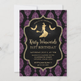 Invitación Bruja dorada y damasco de Halloween para cumpleaño